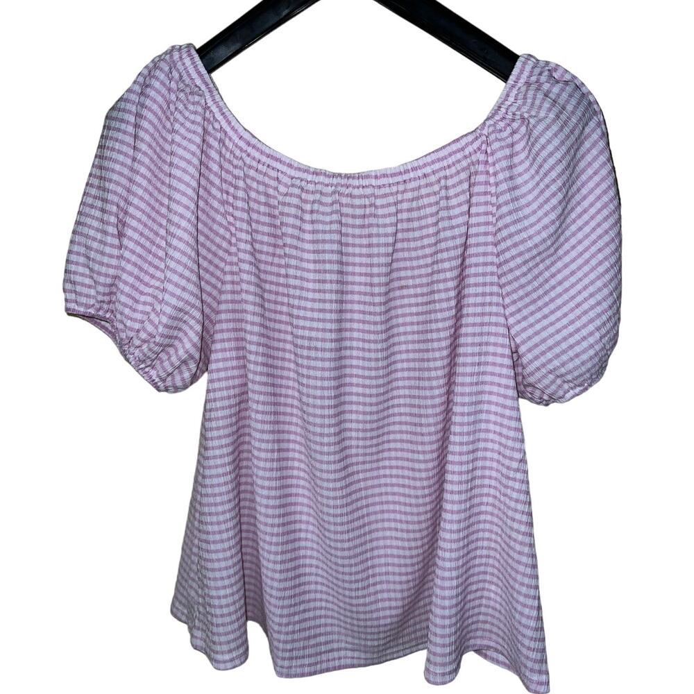 Purple Gingham Lane Bryant 1X  18W 20W Elastic Neck Puff Short Sleeve Crinkle